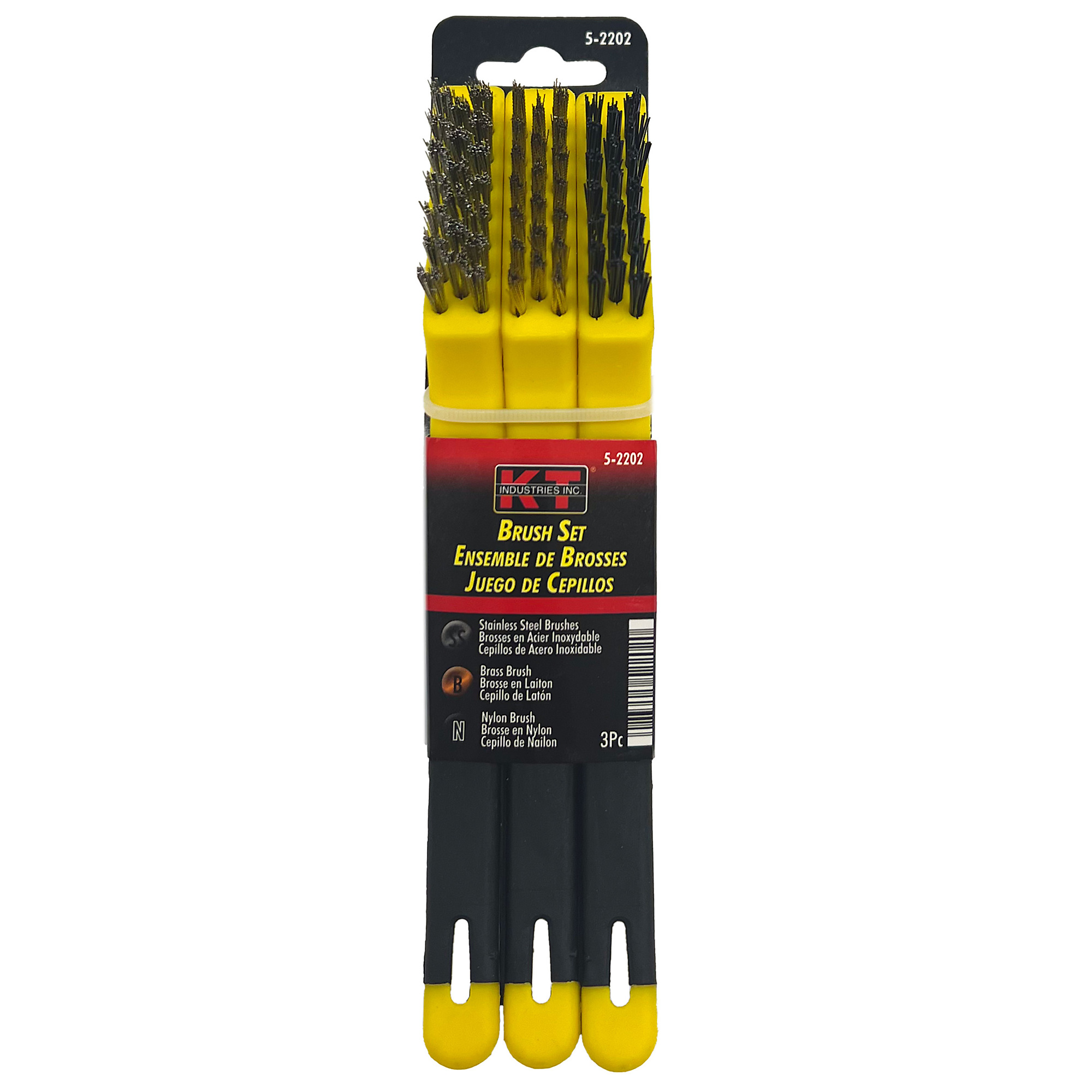 K-T Industries 3-Piece Brush Set — Stainless Steel, Nylon, Brass, 7in. Length, Pack of 24, Model# 5-2202